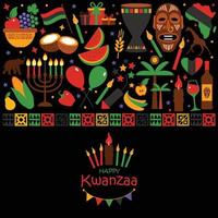 Vector card with collection of Happy Kwanzaa. Holiday symbols on black background. Vector illustration.