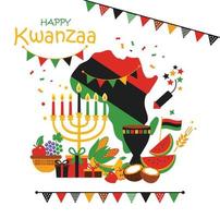 Vector card of celebration Happy Kwanzaa. Holiday symbols on white background with african map.