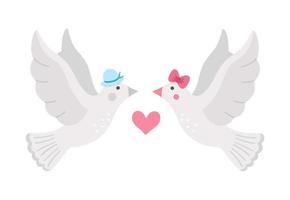 Vector cute doves pair. Loving couple illustration. Love relationship or family concept. Romantic birds isolated on white background. Funny Valentines day characters.