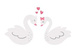 Vector cute swans pair. Loving couple illustration. Love relationship or family concept. Romantic birds isolated on white background. Funny Valentines day characters.