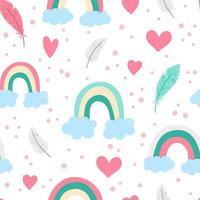 Vector seamless pattern with Saint Valentines day symbols. Repeating background with cute rainbows, hearts, feathers. Playful bohemian February holiday texture with love concept
