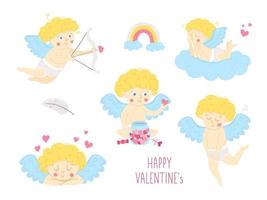 Vector collection of cute cupids. Set with funny Valentines day characters. Love angels with wings, bow and arrow, lying on a cloud, eating heart shaped sweets. Playful cherubs pack.