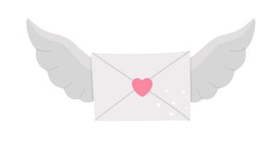 Vector letter sealed with heart and spread wings. Saint Valentines day symbol. Funny post element with love concept isolated on white background. Playful February holiday icon