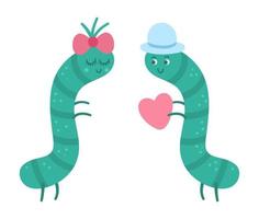 Vector cute caterpillars pair. Loving couple illustration. Love relationship or family concept. Romantic insects isolated on white background. Funny Valentines day characters.