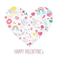 Vector heart shaped frame with Saint Valentines day elements. Traditional love concept clipart. Funny design for banners, posters, invitations. Cute romantic February holiday card template.