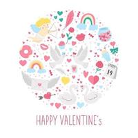Vector round frame with Saint Valentines day elements. Traditional love concept clipart. Funny design for banners, posters, invitations. Cute romantic February holiday card template in circle shape.