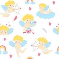 Vector seamless pattern with cute cupids. Repeating background with funny Valentines day characters. Digital paper with love concept. Playful texture with cherubs.