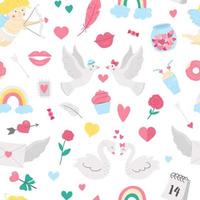 Vector seamless pattern with Saint Valentines day symbols. Repeating background with cute characters and love objects. Playful February holiday texture