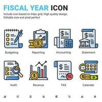 Fiscal year icon set with outline color style isolated on white background. Vector icon report, tax, statement, revenue sign symbol concept for business finance company and corporate. Editable stroke