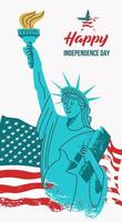 Happy independence day. Vector poster, greeting card. Statue of liberty with a torch in his hand on the background of the American flag.