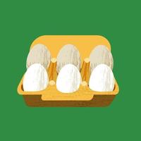 Set of 6 fresh eggs in a cardboard box. Vector illustration on green background.