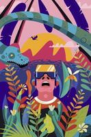 Virtual reality. The man with the glasses of virtual reality in the jungle of the Mesozoic period among the dinosaurs and tropical plants. vector