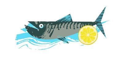 Fish. Seafood. Mackerel with a slice of lemon. Vector illustration on white background with blue texture wave.
