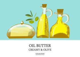 Olive oil in a glass bottle and butter. Vector illustration.