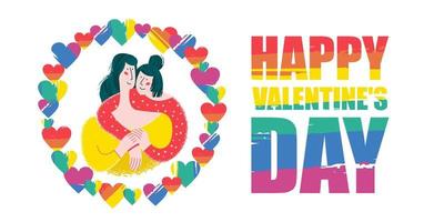 Happy Valentine's day. Vector postcard on white background. Pretty girls, couple of lesbians. Cute illustration of love.