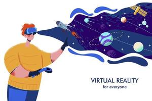 A man wearing virtual reality glasses. Adventures in outer space. Vector illustration.