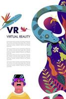 Virtual reality. The man with the glasses of virtual reality in the jungle of the Mesozoic period among the dinosaurs and tropical plants. vector