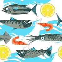 Seamless pattern. Vector illustration on the theme of seafood. Various fish, squid, shrimp and lemon slice. On white background with blue wave.