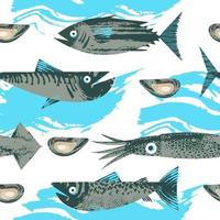 Seamless pattern. Vector illustration on the theme of marine life. Various fish and shellfish