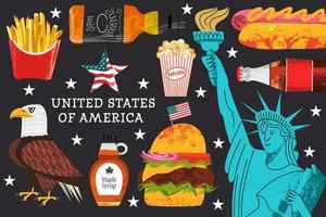 EE.UU. gran coleccion de articulos, atractivos, tradiciones, souvenirs y comida de america. ilustración vectorial.