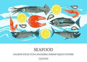 Seafood. Fish. Colorful vector illustration, a collection of images of different fish and shrimp with a unique hand drawn vector texture.