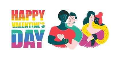 Happy Valentine's day. Vector illustration, poster. A lesbian and gay couple in love.