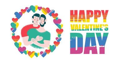 Happy Valentine's day. Vector illustration on white background. Gay couple, different race.