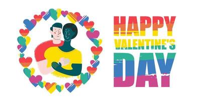 Feliz día de San Valentín. Ilustración vectorial sobre fondo blanco. pareja gay, raza diferente. vector