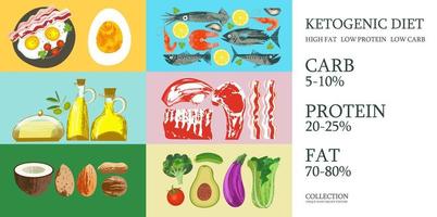 Ketogenic diet. A large set of products for the keto diet. Vector illustration. Meat, fish, vegetables, oils, nuts, eggs. Colorful poster with different products.