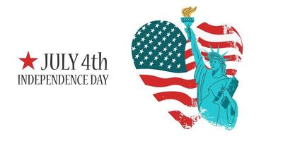 July 4 independence Day. Vector poster, greeting card. Statue of liberty with a torch in his hand on the background of the American flag in the shape of a heart.