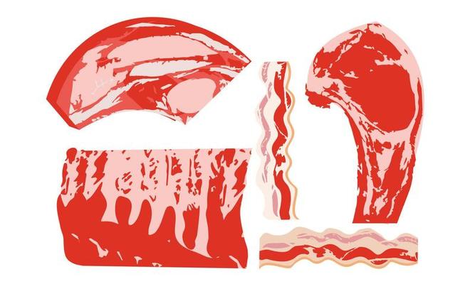 Set of fresh meat products. Vector illustration. Entrecote, ribs, bacon.