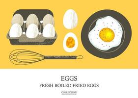 Set of 6 fresh eggs in a cardboard box. Half a boiled egg. Fried egg on a plate. Healthy and tasty food. Vector illustration on yellow background. Flat style.