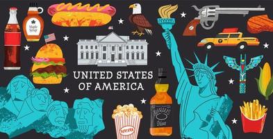 USA. Great collection of items, attractions, traditions, Souvenirs and food of America. Vector illustration.