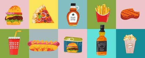 Collection of fast food and beverage items. American food. Vector illustration with hand drawn textures.