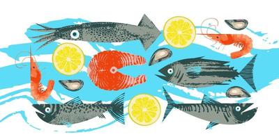 Seafood. Fish. Colorful vector illustration, a collection of images of different fish and shrimp with a unique hand drawn vector texture.