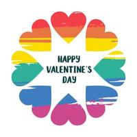 Rainbow flower of hearts of LGBT people. Happy Valentine's day. Vector illustration, greeting card, emblem on white background.