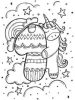 Children's coloring book. Hand-drawn doodle vector illustration with numbers and animals. One unicorn with a rainbow in clouds and stars.