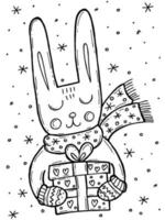 Children's coloring book. Hand-drawn doodle winter vector illustration. Merry Christmas 2022. A hare in a scarf and mittens with a gift.