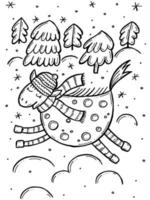 Children's coloring book. Hand-drawn doodle winter vector illustration. Merry Christmas 2022. A cow in a hat and scarf with circles runs through a snowy forest of Christmas trees.
