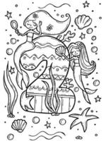 libro de colorear para niños. Ilustración de vector de doodle dibujado a mano con números y animales. dos sirenas en el mar con un espejo y una concha.