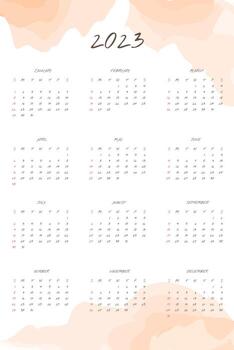 2023 calendar with handwritten font and gentle abstract watercolor stain effect. Week starts on Sunday vector
