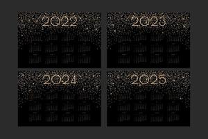 2022 2023 2024 2025 calendar with luxury gold shiny glitter and flares, rich horizontal design for wall or table calendar planner vector