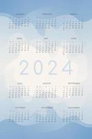 2024 calendar with blue gradient fluid wave shapes. vector