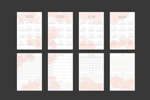 2022 2023 2024 2025 calendar and daily weekly monthly planner collection with abstract watercolor spots. Week starts on Sunday vector