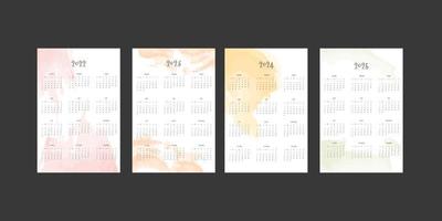 2022 2023 2024 2025 calendar and daily weekly monthly planner collection with abstract watercolor elements. Week starts on Sunday vector