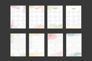 2022 2023 2024 2025 calendar and daily weekly monthly planner collection with hand written font and abstract watercolor spots. Week starts on Sunday vector