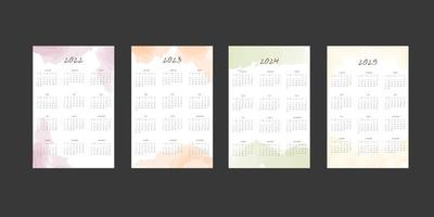 2022 2023 2024 2025 calendar and daily weekly monthly planner collection with abstract watercolor elements. Week starts on Sunday vector