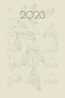 Calendario 2023 con hojas y ramas dibujadas a mano, plantilla de organizador planificador en estilo ecológico natural verde, formato vertical vector