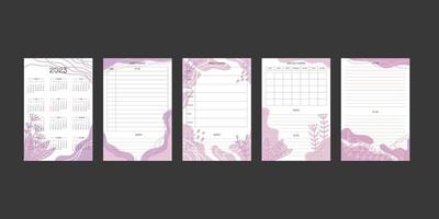 2023 calendar and daily weekly monthly planner collection with trendy hand drawn organic shapes and floral botanical elements in pastel neutral palette vector