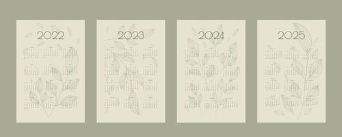 2022 2023 2024 2025 calendar with hand drawn leafs and branchs, planner organizer template in green natural eco style, vertical format vector